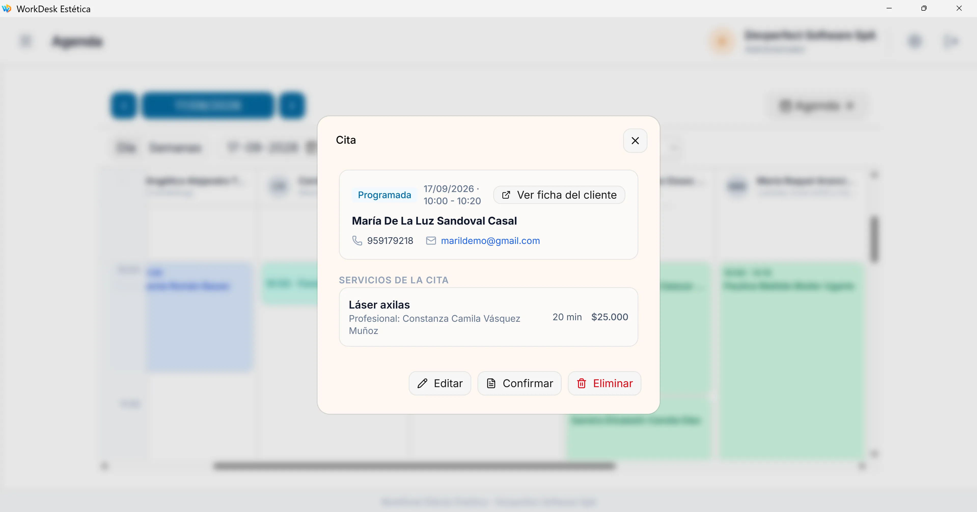 Ficha de una cita con el cliente, sus servicios, la profesional, la duración y el valor