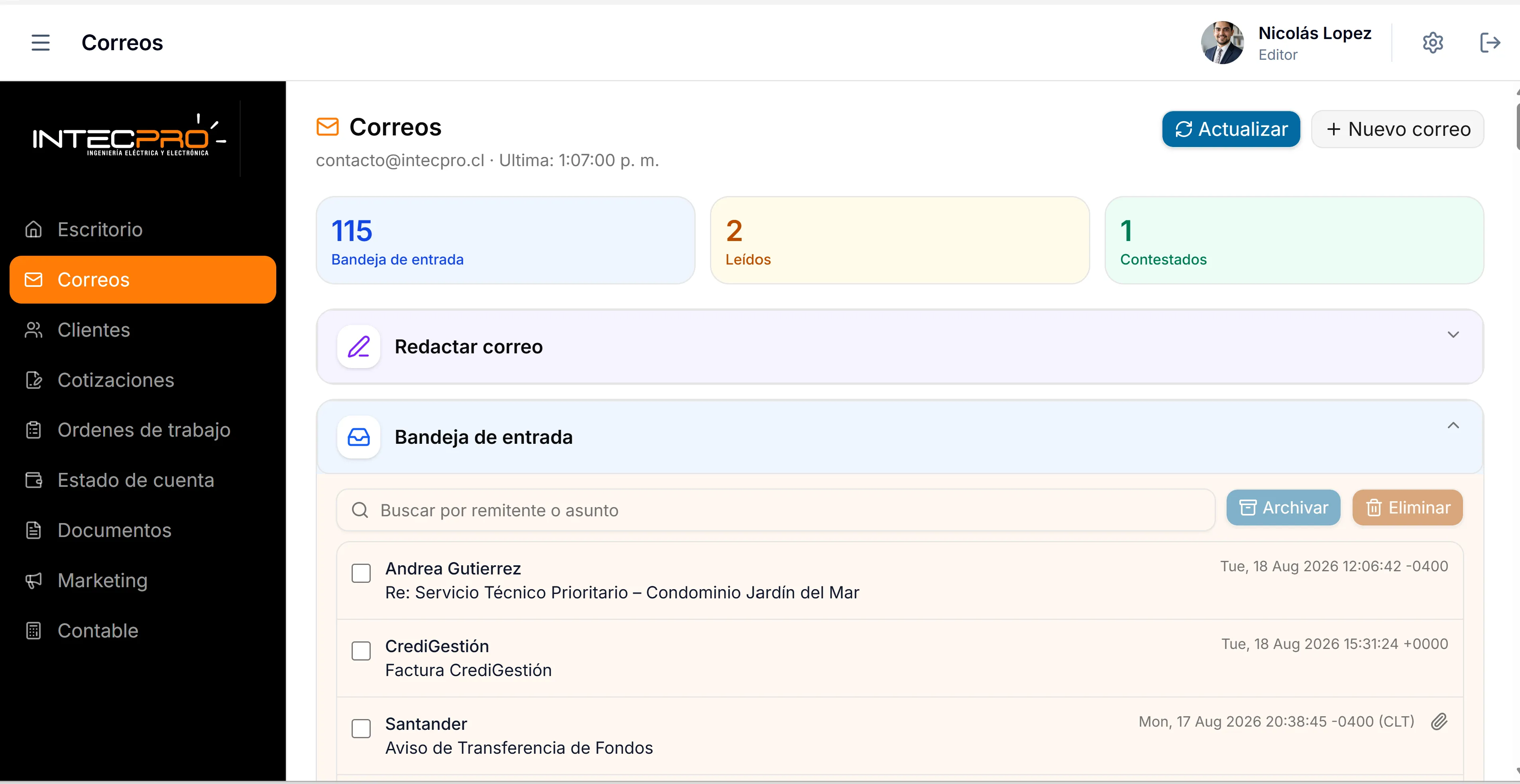 Pantalla del módulo Correos de WorkDesk