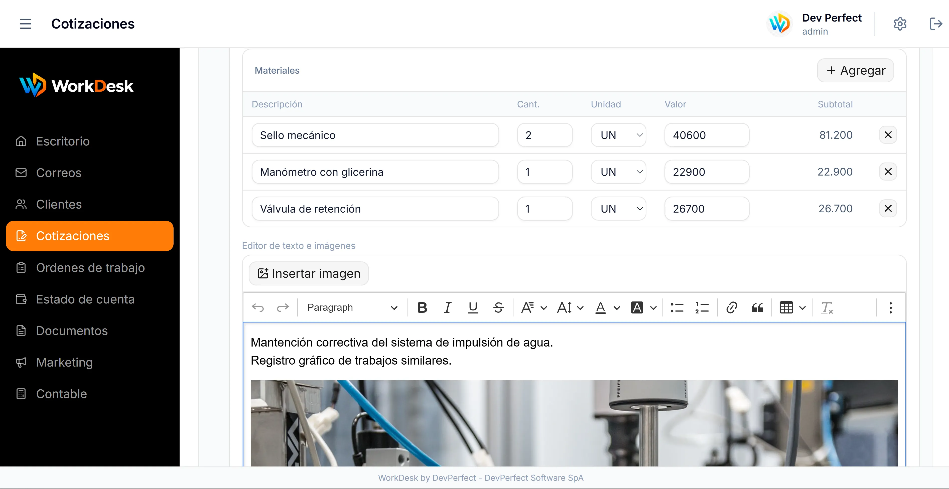 Pantalla del módulo Cotizaciones de WorkDesk