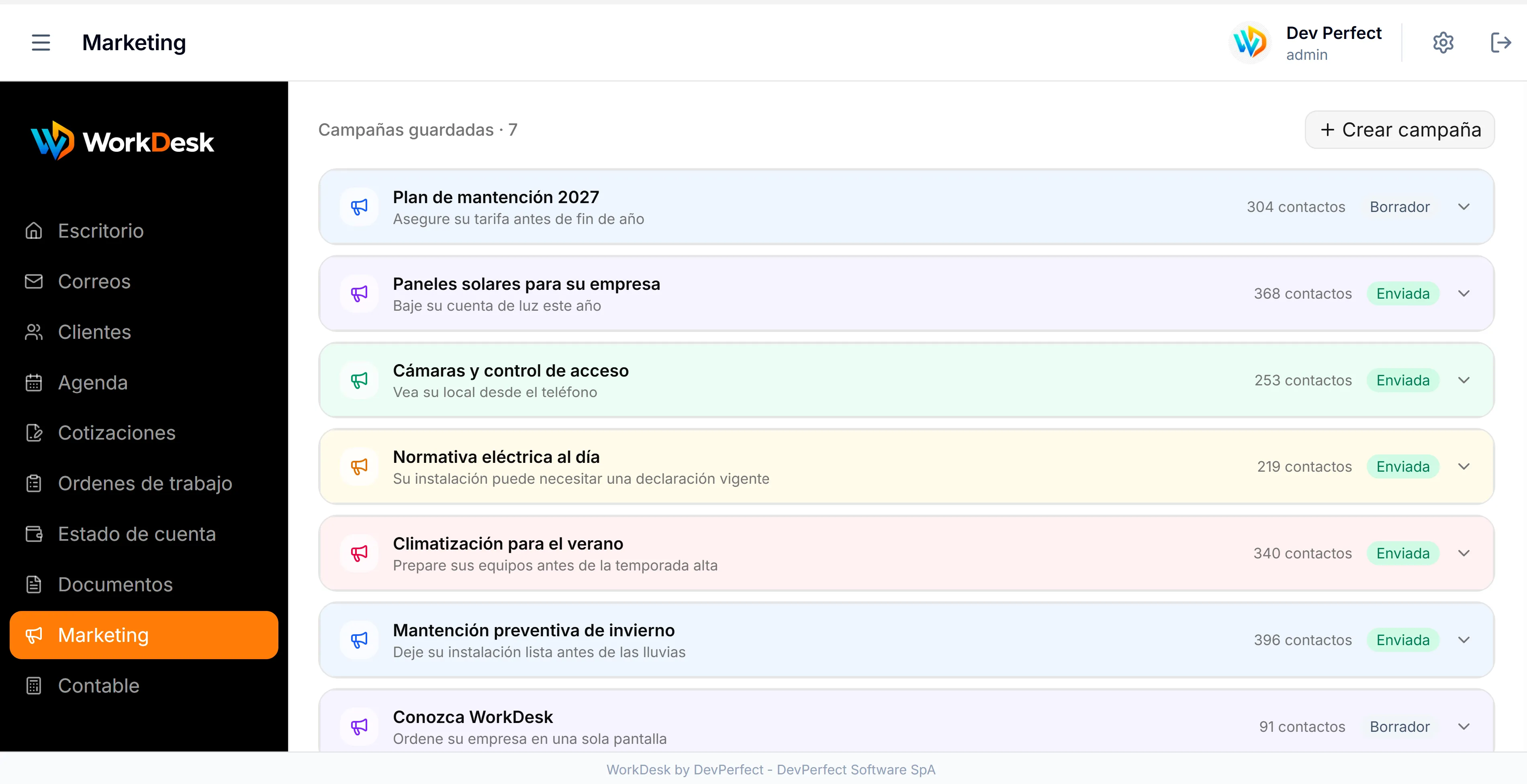 Pantalla del módulo Marketing de WorkDesk