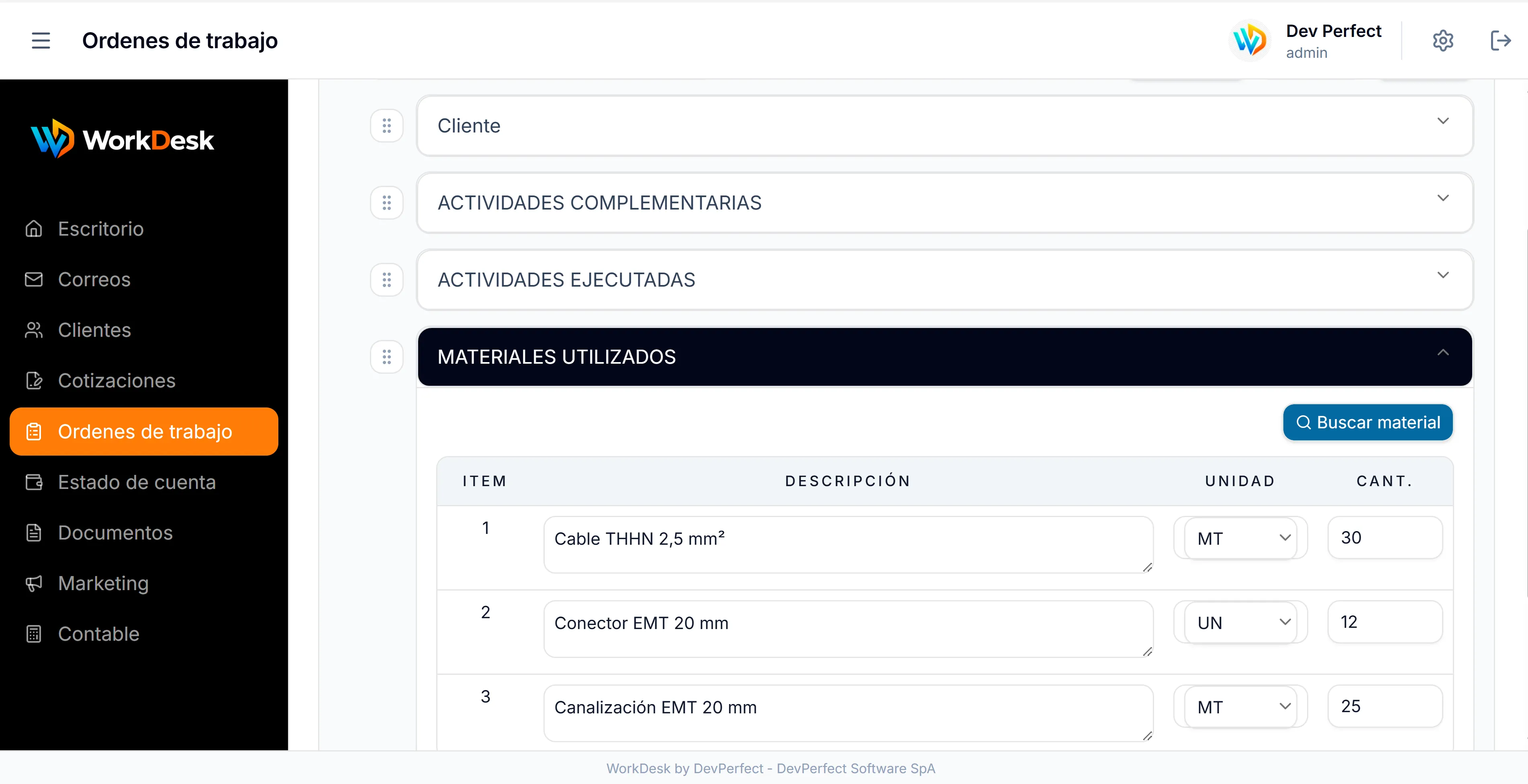 Pantalla del módulo Órdenes de trabajo de WorkDesk